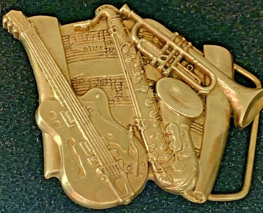 VTG 1980 SOLID BRASS BELT BUCKLE Guitar Saxophone Trumpet Musical Notes EUC Jazz