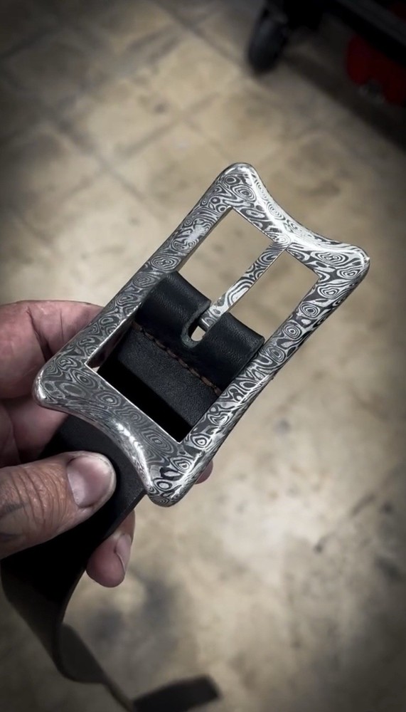 One-off customized 1.5” Damascus Steel Buckle With English Bridal Leather Belt