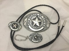 3 piece set Texas Seal Set: Belt Buckle, Bolo and Key Ring (Silver)