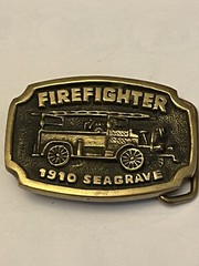Vintage Firefighter 1910 Seagrave Fire Truck Belt Buckle Solid Brass BTS MadeUSA