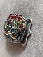 Vintage 1986 C&J Enamel Family Farm Scene Pewter Belt Buckle American Tradition