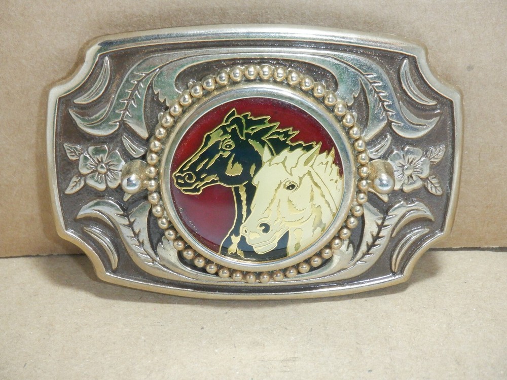 1980s HORSES BLACK & WHITE BELT BUCKLE MADE USA GOLD METAL RESIN VINTAGE