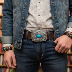 Men Women Antique Silver Metal Ethnic Belt Buckle Turquoise Filigree Rectangular