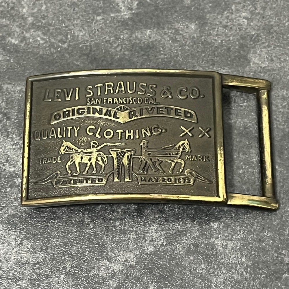 Levi Strauss Vintage Belt Buckle Brass Two Horse Logo Plaque Western Cowboy