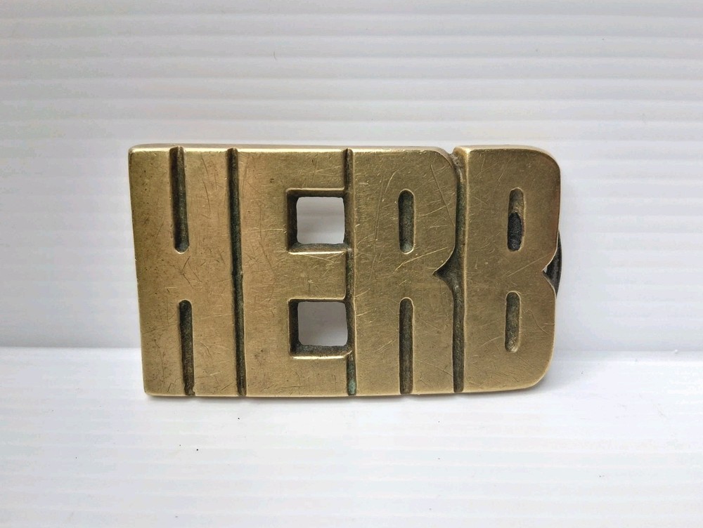 Vintage Brass Belt Buckle HERB 1978 Name Plate Herb