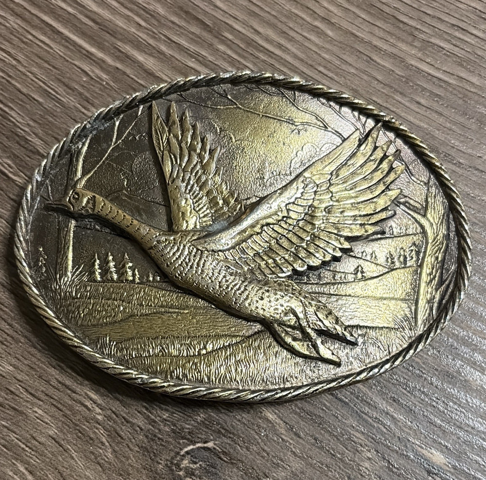 Vintage Brass Great American Buckle Co Engraved Bird Scene Western Belt Buckle