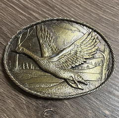 Vintage Brass Great American Buckle Co Engraved Bird Scene Western Belt Buckle