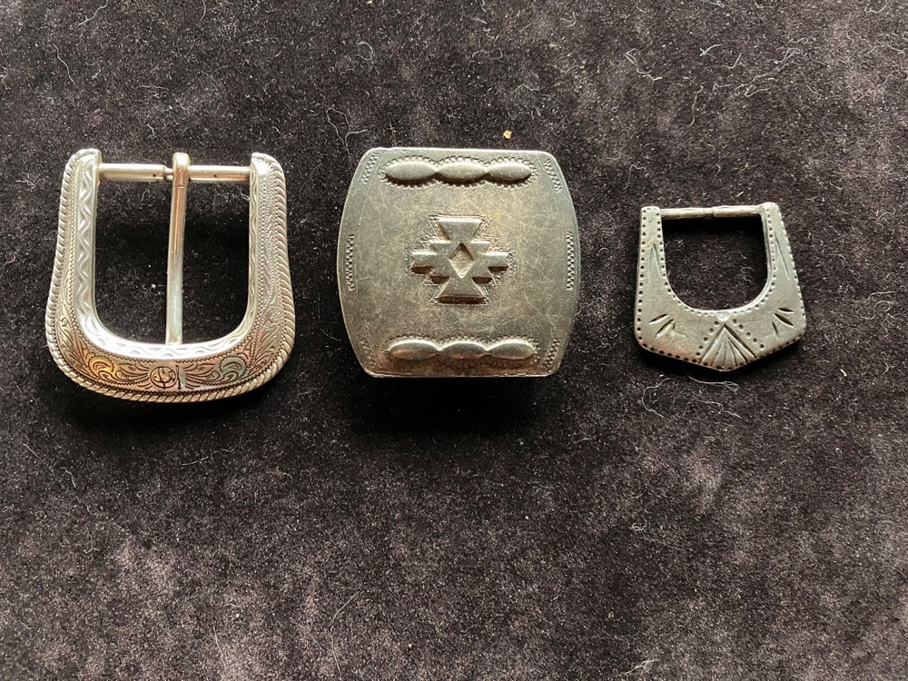 Lot of 3 silver belt buckles, southwestern style, one made in Italy