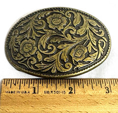 Antique Bronze Tone Western Belt Buckle Floral Filigree Oval Cowboy Buckle.
