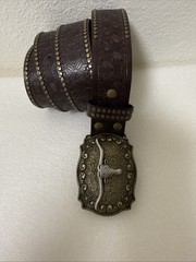 Men’s Size 33&Prime;-38&Prime; Brown Embossed Western Belt W/ Longhorn Buckle, Studded Edge