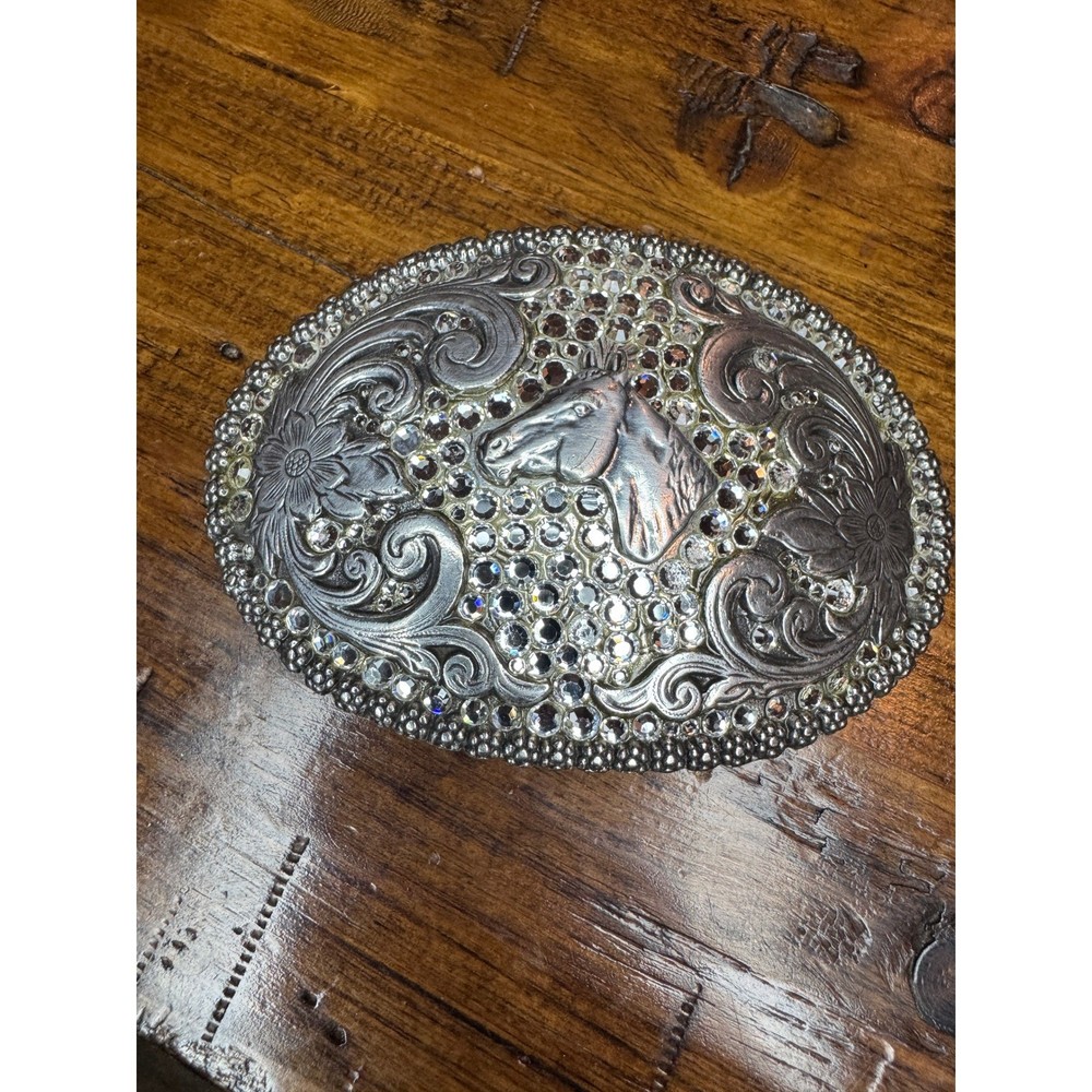 Nocona Silver Horse Head Rhinestone Western Floral Scroll Oval Belt Buckle