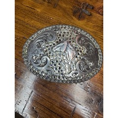 Nocona Silver Horse Head Rhinestone Western Floral Scroll Oval Belt Buckle