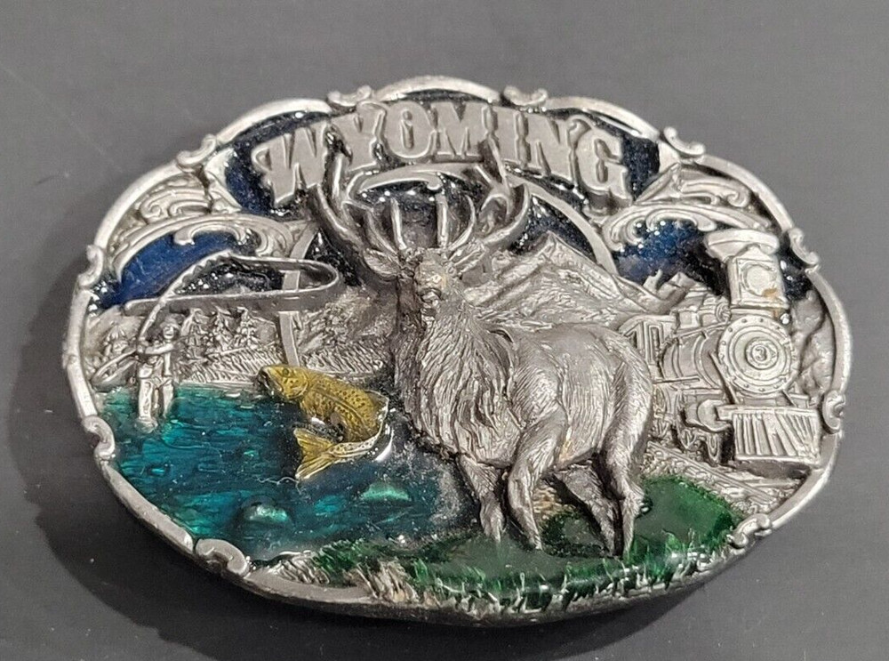 1996 Siskiyou Pewter Western Belt Buckle Co Wyoming P-67 Elk/Train/Fishing