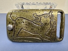 Vintage Brutalist Brass Belt Buckle Abstract Etched Figure Mid Century Modern
