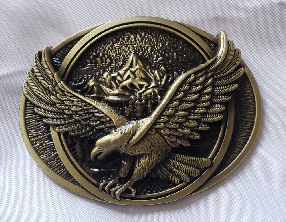 Bald Eagle Soaring 3D Image Aluminum Belt Buckle Golden Aged Bronze Color