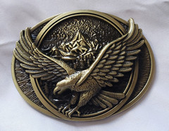 Bald Eagle Soaring 3D Image Aluminum Belt Buckle Golden Aged Bronze Color