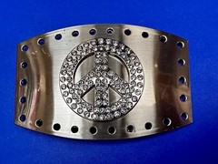Jeweled Peace Sign Studded Rhinestone Silver Tone Belt Buckle W/ Hole Border