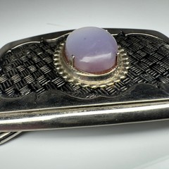 Vintage Western Style Oval Stone Belt Buckle Silver Tone Woven Pattern
