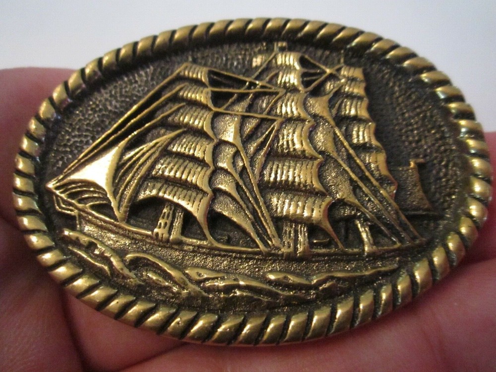 VINTAGE SAILING SHIP THEME BELT BUCKLE – SOLID BRASS HEAVY – GW-17