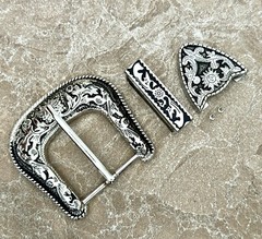 Western 3-Piece Belt Buckle Set Floral Engraved Silver Metal Cowboy Rodeo Style