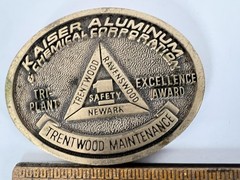 Vintage Kaiser Aluminum Belt Buckle Mens Gold Tri Plant Excellence Logo Safety