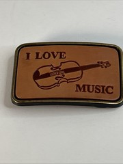 I Love Music Belt Buckle Leather And Metal, Country, Violin Fiddle, VGC