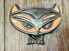 Cute Kitty Cat Head with Bowtie Clear Rhinestone Eye Belt Buckle by Heavy Metal