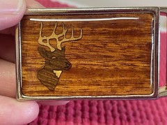 Harmony Metal Belt Buckle Wood Inlay w/Deer Head Gold Color Metal Good Condition