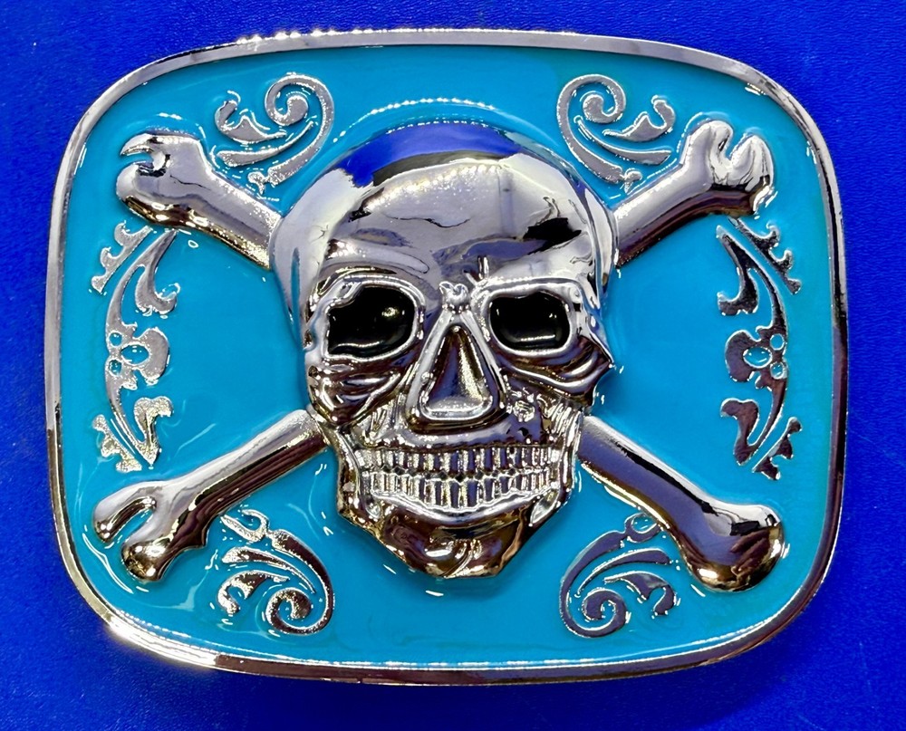 Jolly Roger Pirate Skull Head & Crossbones Blue Enamel Colored New Belt Buckle