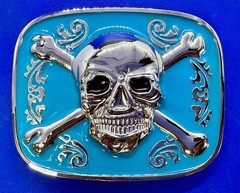 Jolly Roger Pirate Skull Head & Crossbones Blue Enamel Colored New Belt Buckle