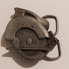 Vintage 1977 Bergamot Brass Works Circular Saw Belt Buckle Pewter Tone USA Made