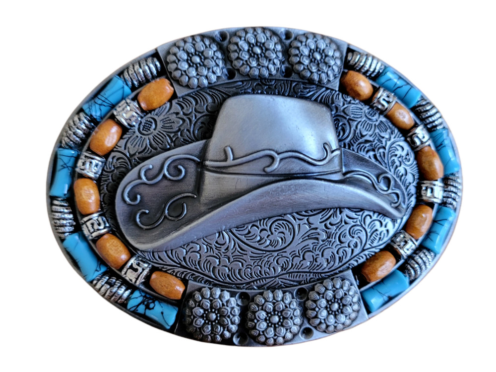 Silver Finish Cowboy Hat Buckle Western Turquoise Stone Belt Buckle