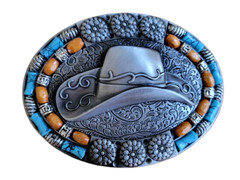 Silver Finish Cowboy Hat Buckle Western Turquoise Stone Belt Buckle