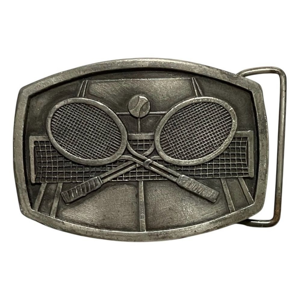 Tennis Rackets Belt Buckle Vintage 70s Indiana Metal Craft Pewter Crossing 1977