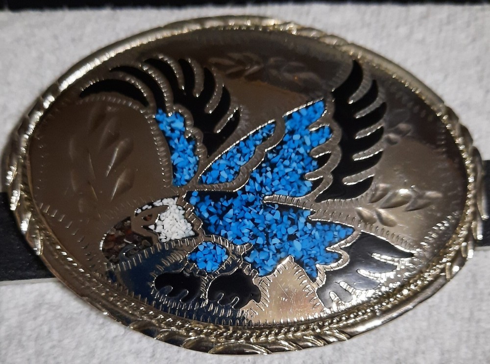 Vintage Handcrafted Silver Tone, Red Blue And White Eagle Belt Buckle
