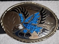 Vintage Handcrafted Silver Tone, Red Blue And White Eagle Belt Buckle