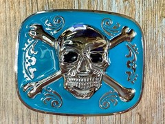 Jolly Roger Pirate Skull Head & Crossbones Blue Enamel Colored New Belt Buckle