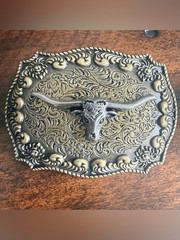 Western Steer Head Belt Buckle Antique Brass Silver Tone
