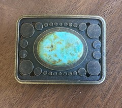 Vintage Teal Stone Belt Buckle Antique Gold Bronze Brass Turquoise Agate Inlay