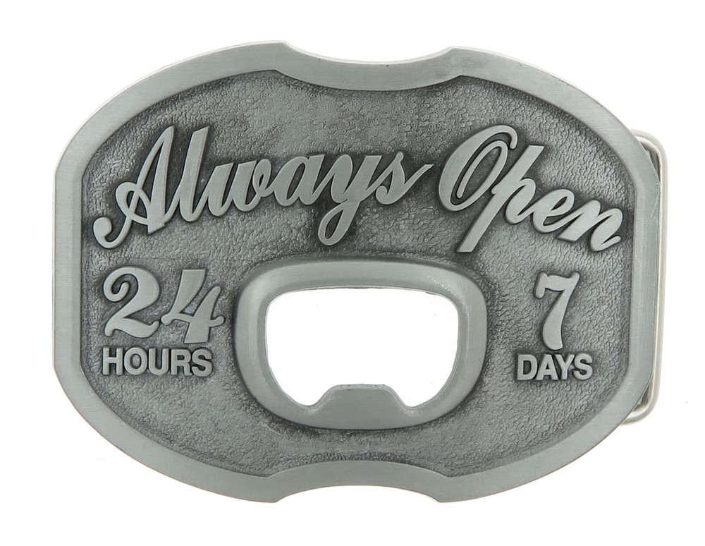 Always Open 24/7 Bottle Opener Western Metal Novelty Belt Buckle