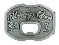 Always Open 24/7 Bottle Opener Western Metal Novelty Belt Buckle