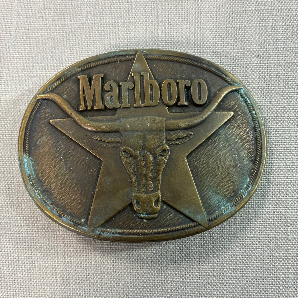 Vintage 1987 Marlboro Solid Brass Longhorn Bull Belt Buckle Western Cowboy
