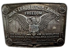 1980s NRA LEADERSHIP AWARD FOR SERVICE IN RECRUITING SILVER METAL BELT BUCKLE