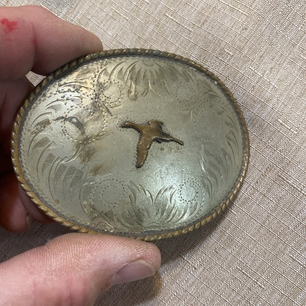 Vintage Comstock Silversmiths Silver Engraved with pheasant Western Belt Buckle