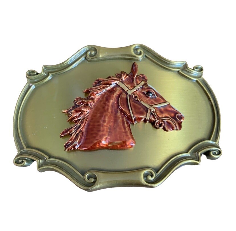 Vintage Horse Head Western Brass Belt Buckle Scalloped Raintree Made In USA 70s