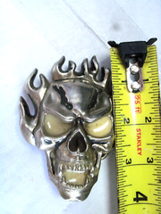 BELT BUCKLE, FLAMING SKULL, SILVER COLOR WITH CREAM ENAMEL