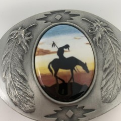 Vintage Western Belt Buckle Native American Horse Feather 2004 Bloom Brothers MT