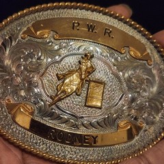 Western Barrel Racing Trophy Belt Buckle P.W.R. Rodney Two Tone Silver Gold Oval