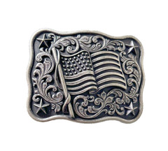Nocona Mens Belt Buckle 3.75 x 3 in US Flag Star Western Matte Black Silver 1.5