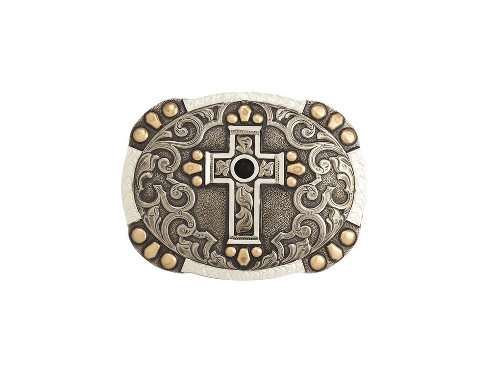 Crumrine Western Belt Buckle Cross Stone Bead Accents Silver C10021